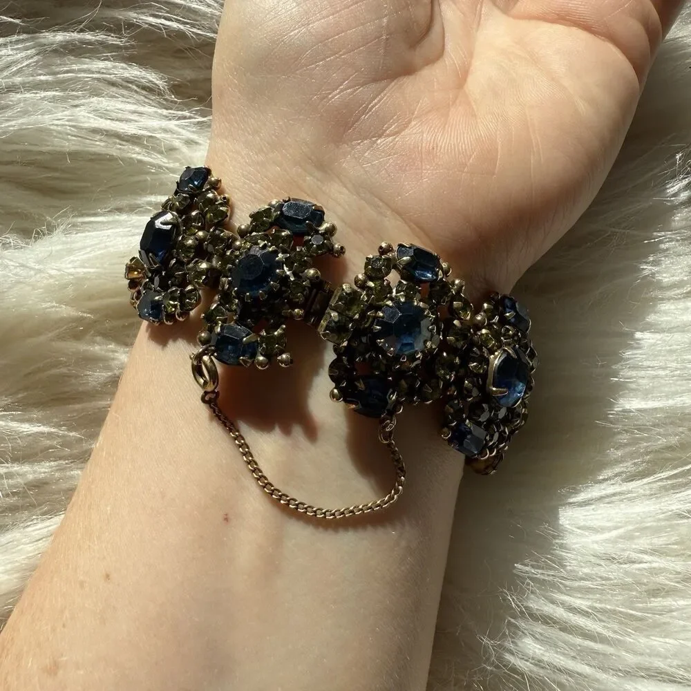 Vintage Kramer of NY Wide Runway Bracelet Green Blue Rhinestone Cluster Gorgeous